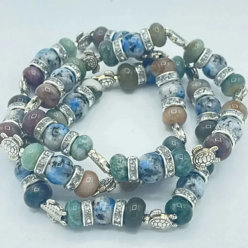 Sea Turtle India agate K2 beaded stretch bracelet ONE NEW crystal reiki yoga med